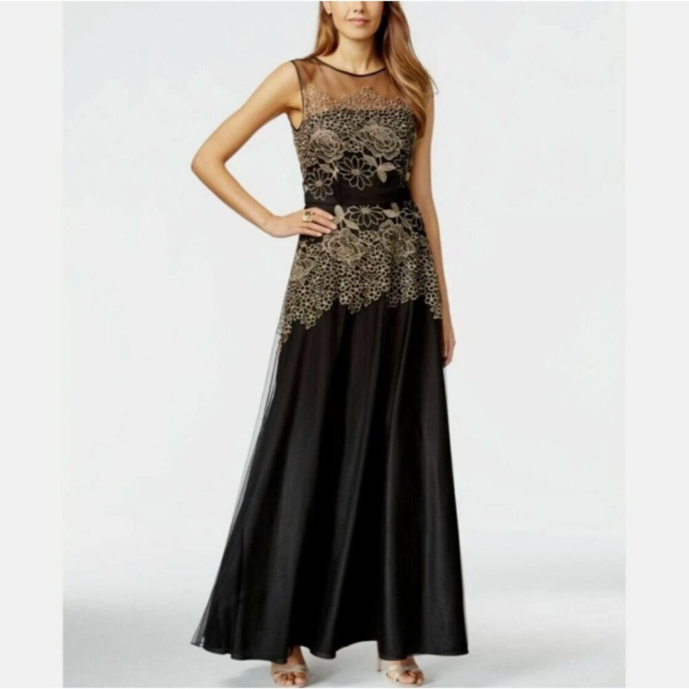 Tahari ASL Embroidered Illusion Gown Black/Gold Wmns 12